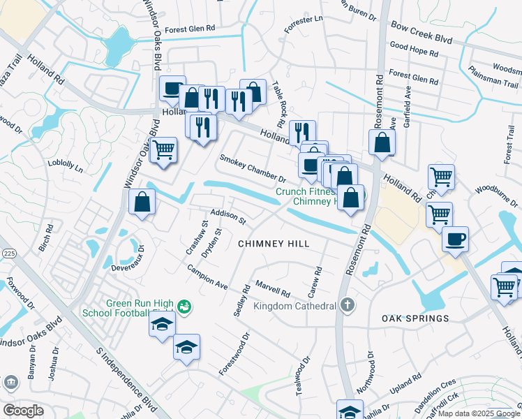 map of restaurants, bars, coffee shops, grocery stores, and more near 735 Harbor Springs Trail in Virginia Beach