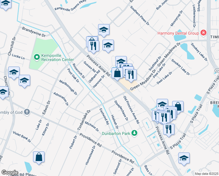 map of restaurants, bars, coffee shops, grocery stores, and more near 816 Yearling Court in Virginia Beach