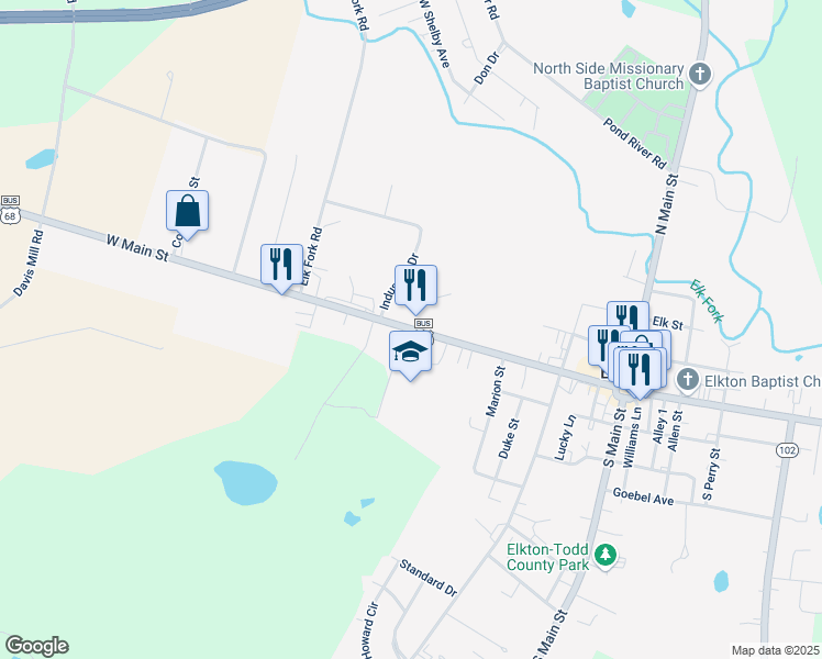 map of restaurants, bars, coffee shops, grocery stores, and more near West Main Street in Elkton