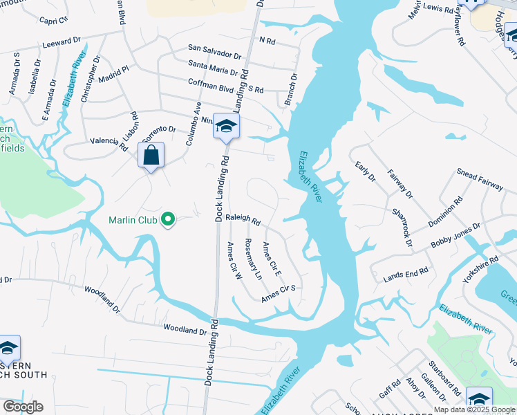 map of restaurants, bars, coffee shops, grocery stores, and more near 2115 Ames Circle North in Chesapeake