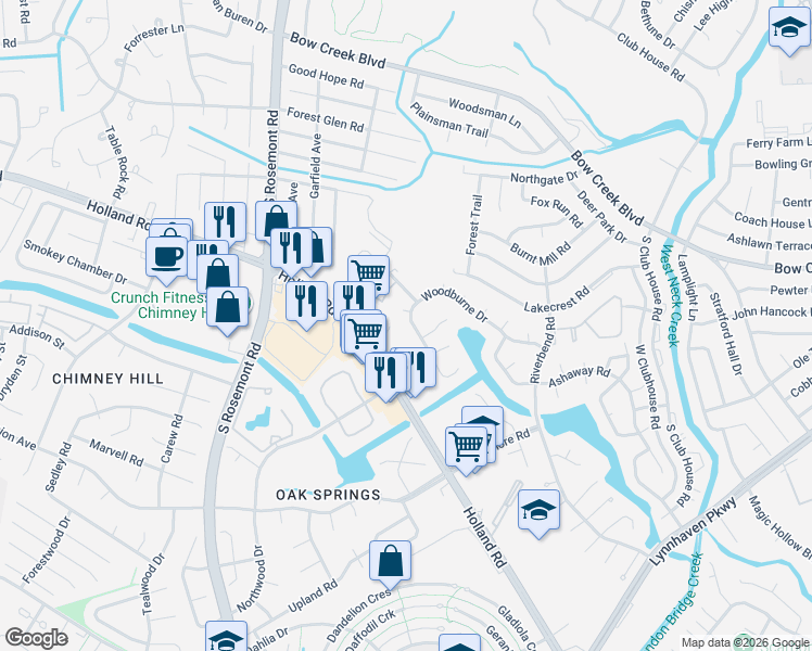 map of restaurants, bars, coffee shops, grocery stores, and more near 3469 Woodburne Drive in Virginia Beach