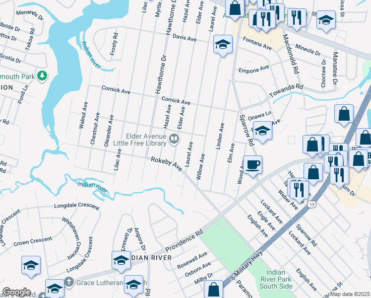 map of restaurants, bars, coffee shops, grocery stores, and more near 1513 Laurel Avenue in Chesapeake