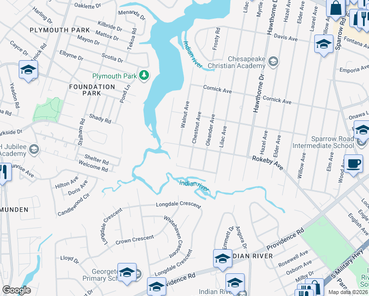 map of restaurants, bars, coffee shops, grocery stores, and more near 3407 Rokeby Ave in Chesapeake