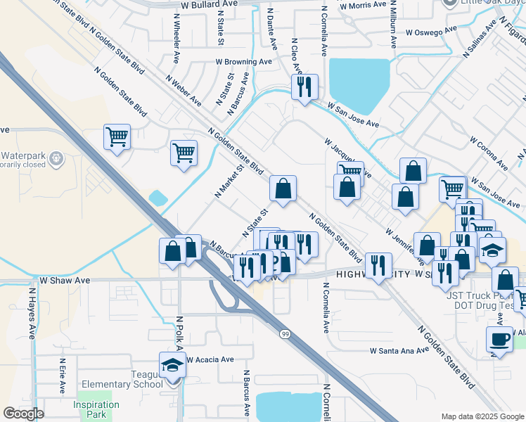 map of restaurants, bars, coffee shops, grocery stores, and more near 5241 North State Avenue in Fresno