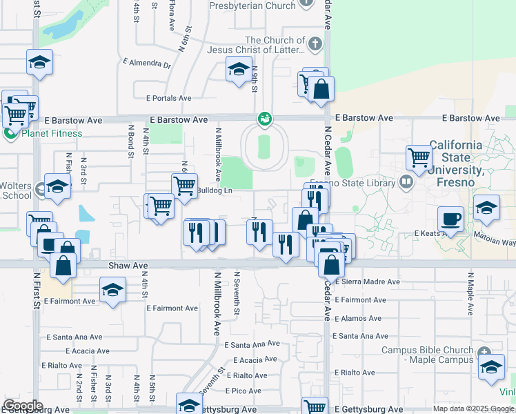 map of restaurants, bars, coffee shops, grocery stores, and more near 5158 North 9th Street in Fresno