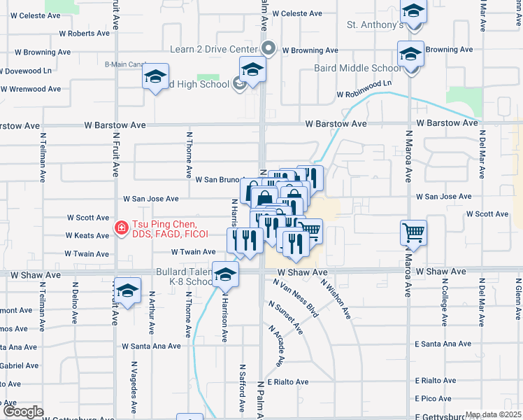 map of restaurants, bars, coffee shops, grocery stores, and more near 5082 North Palm Avenue in Fresno
