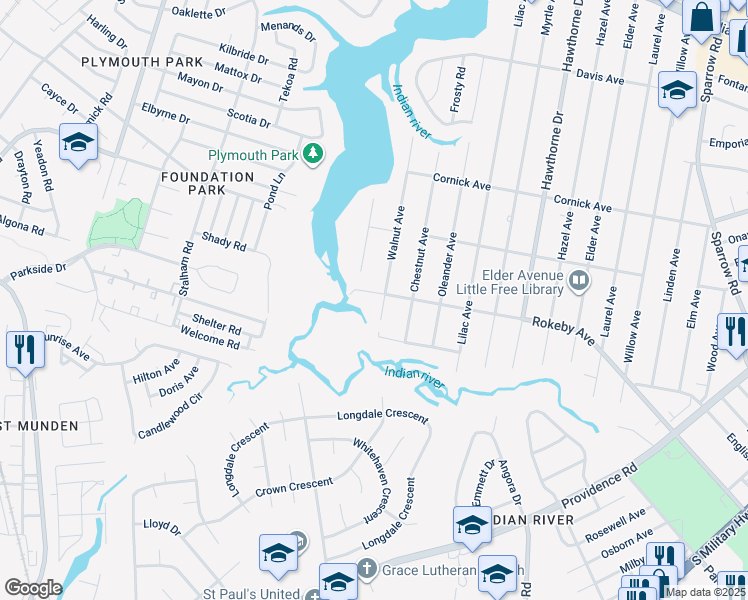 map of restaurants, bars, coffee shops, grocery stores, and more near 3303 Rokeby Avenue in Chesapeake