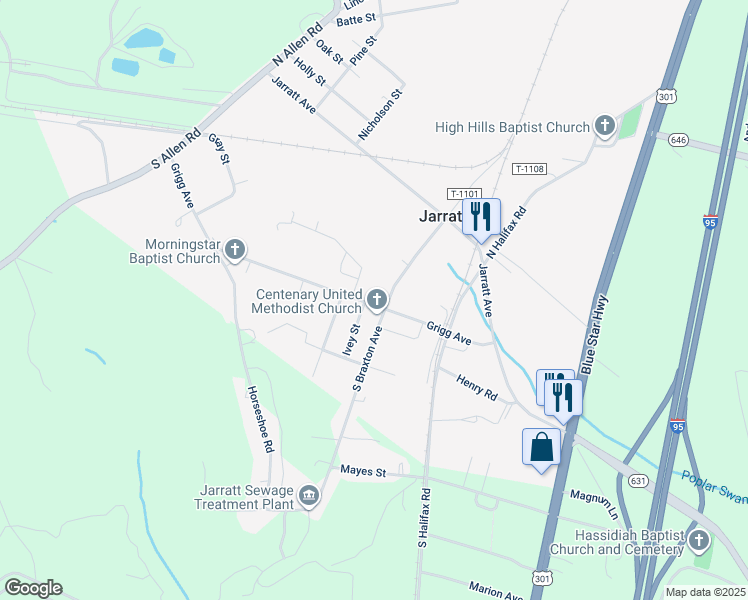 map of restaurants, bars, coffee shops, grocery stores, and more near 204 Grigg Avenue in Jarratt