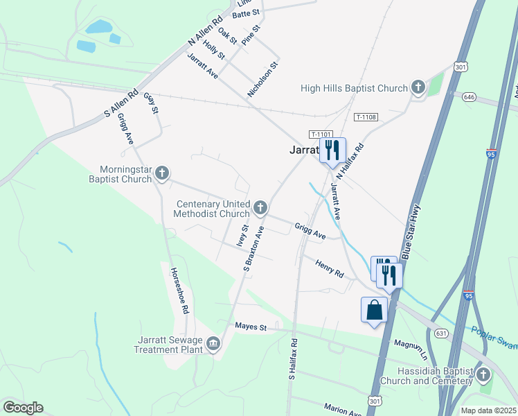 map of restaurants, bars, coffee shops, grocery stores, and more near 204 Grigg Avenue in Jarratt