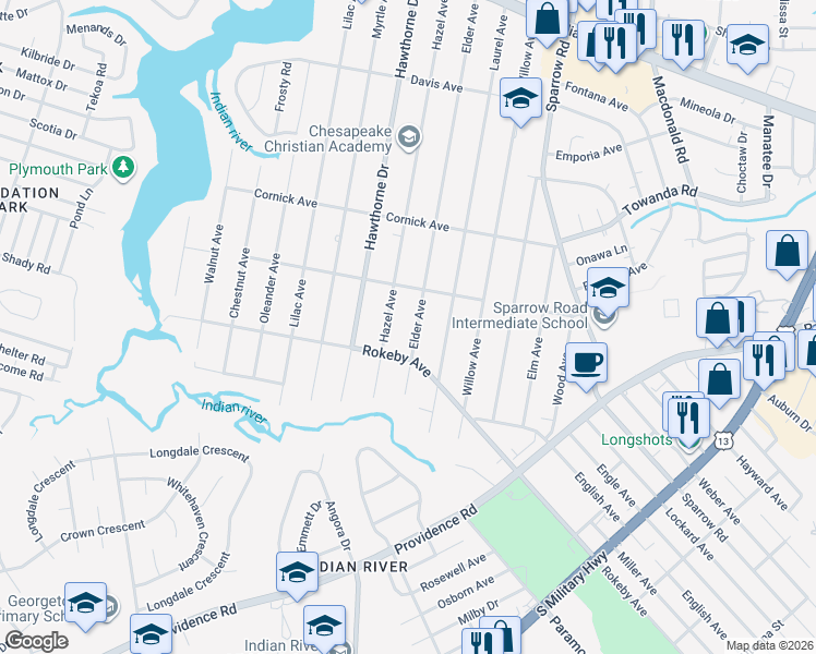 map of restaurants, bars, coffee shops, grocery stores, and more near 1519 Elder Avenue in Chesapeake
