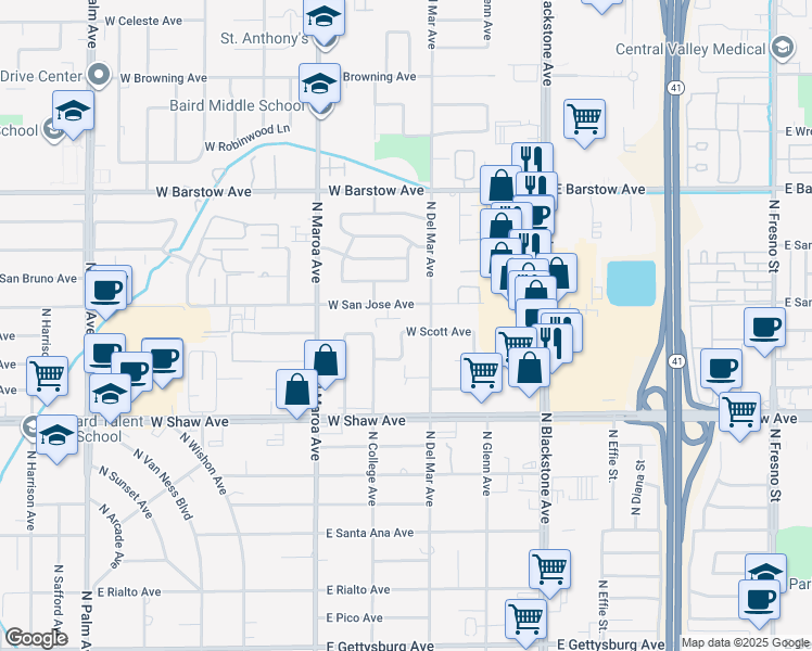 map of restaurants, bars, coffee shops, grocery stores, and more near 244 West Scott Avenue in Fresno
