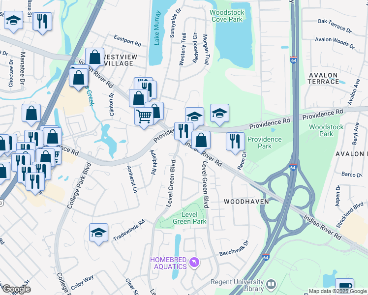 map of restaurants, bars, coffee shops, grocery stores, and more near 6075 Indian River Rd in Virginia Beach