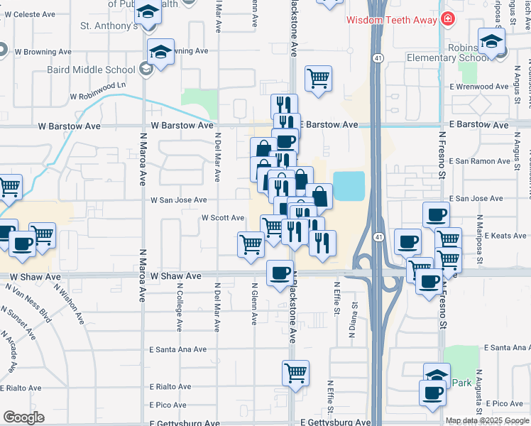 map of restaurants, bars, coffee shops, grocery stores, and more near 5145 N Blackstone Ave in Fresno