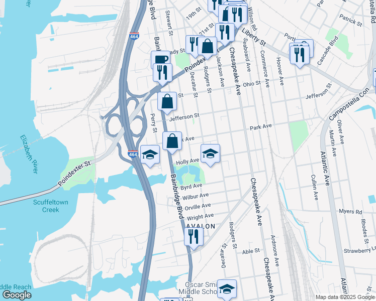 map of restaurants, bars, coffee shops, grocery stores, and more near 1424 Stewart Street in Chesapeake