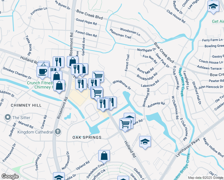map of restaurants, bars, coffee shops, grocery stores, and more near 3469 Woodburne Drive in Virginia Beach