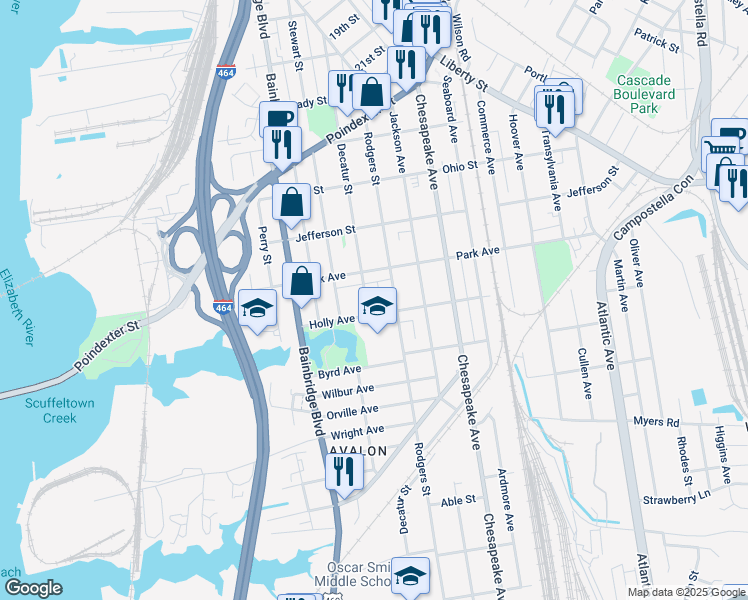 map of restaurants, bars, coffee shops, grocery stores, and more near 1429 Decatur Street in Chesapeake