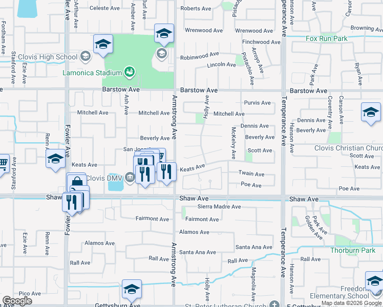 map of restaurants, bars, coffee shops, grocery stores, and more near 2315 Scott Avenue in Clovis