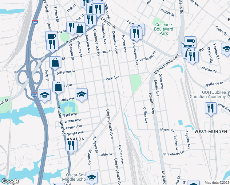 map of restaurants, bars, coffee shops, grocery stores, and more near 1501 Seaboard Avenue in Chesapeake