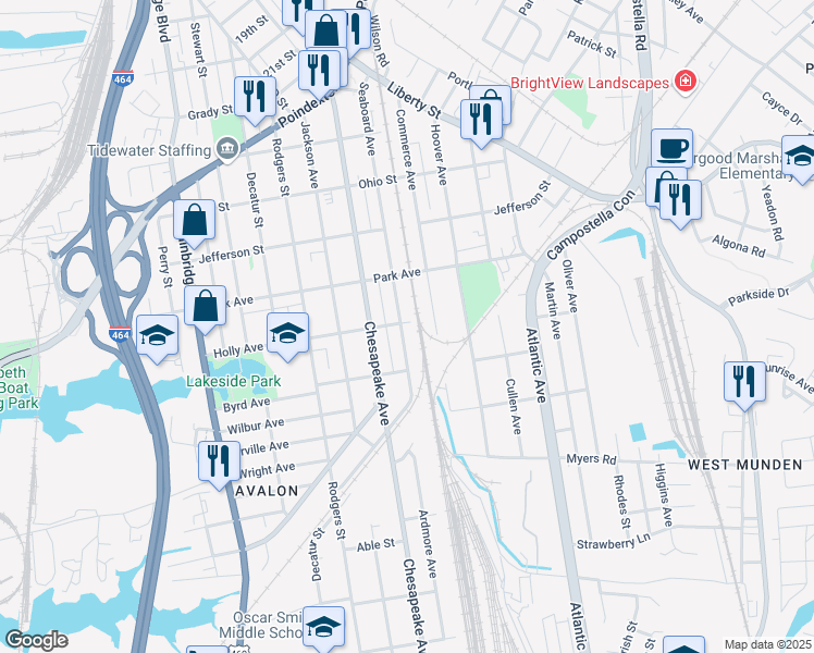 map of restaurants, bars, coffee shops, grocery stores, and more near 1501 Seaboard Avenue in Chesapeake