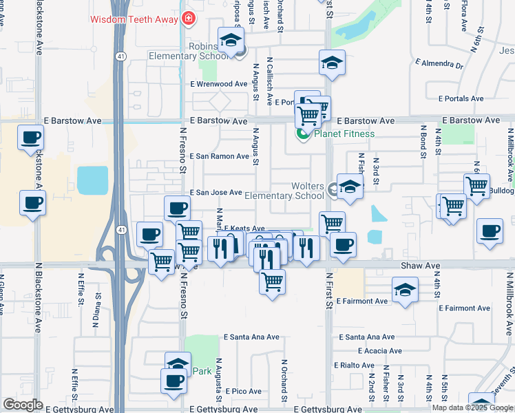 map of restaurants, bars, coffee shops, grocery stores, and more near 5162 North Angus Street in Fresno