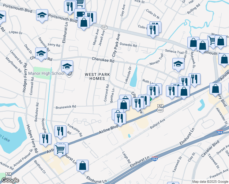 map of restaurants, bars, coffee shops, grocery stores, and more near 411 Bertha Lane in Portsmouth