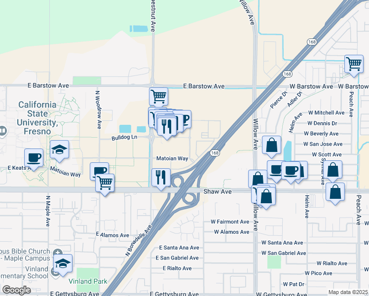 map of restaurants, bars, coffee shops, grocery stores, and more near 5090 Primitivo Way in Fresno