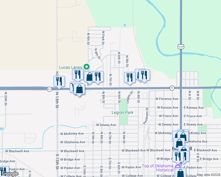 map of restaurants, bars, coffee shops, grocery stores, and more near 719 Oklahoma 11 in Blackwell