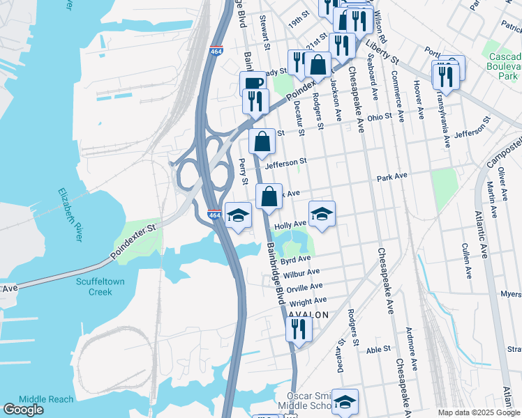 map of restaurants, bars, coffee shops, grocery stores, and more near 1412 Bainbridge Boulevard in Chesapeake