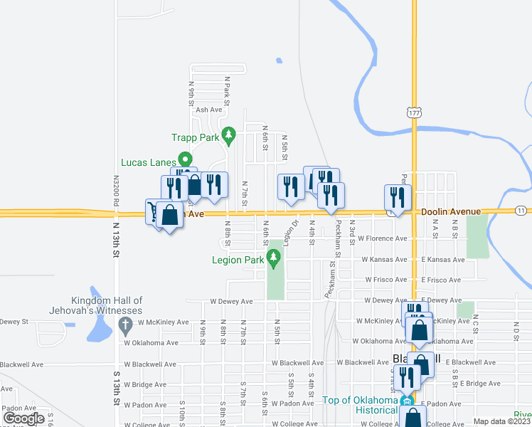 map of restaurants, bars, coffee shops, grocery stores, and more near W Doolin Ave & N 6th St in Blackwell