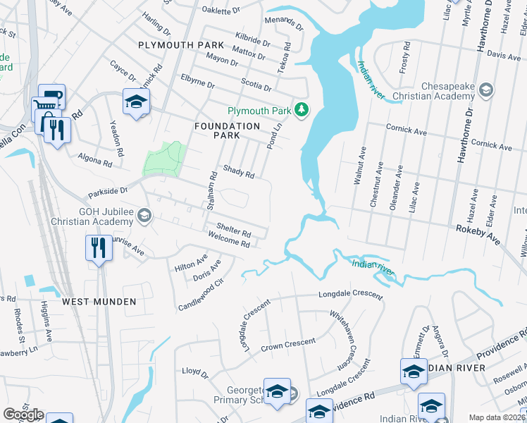 map of restaurants, bars, coffee shops, grocery stores, and more near 2240 Farmer Lane in Chesapeake