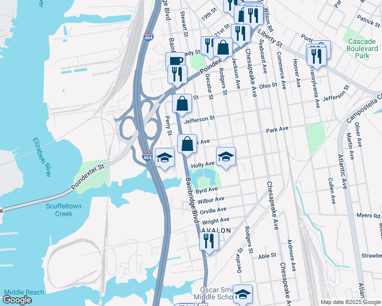 map of restaurants, bars, coffee shops, grocery stores, and more near 1412 Bainbridge Boulevard in Chesapeake