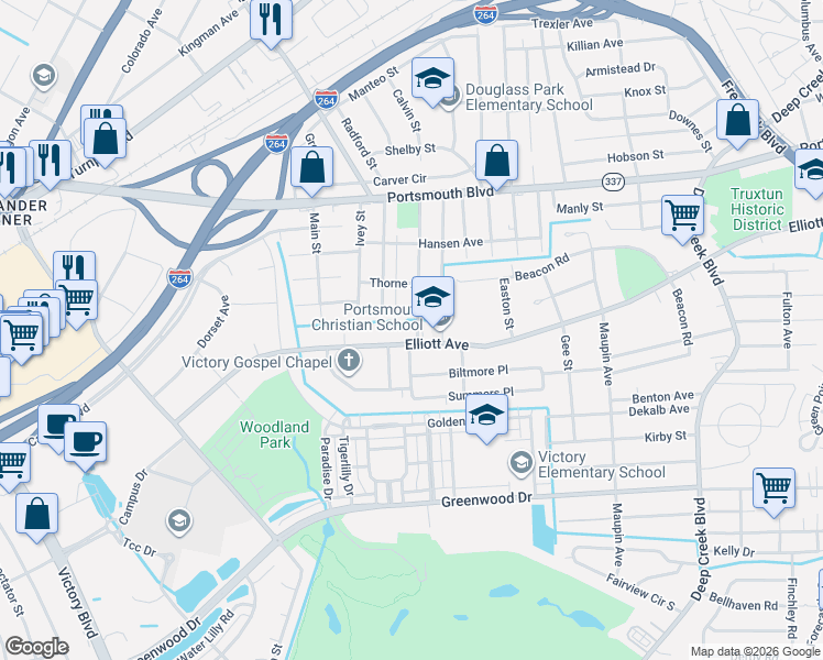 map of restaurants, bars, coffee shops, grocery stores, and more near 3310 Elliott Avenue in Portsmouth