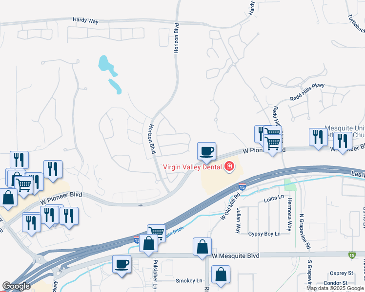 map of restaurants, bars, coffee shops, grocery stores, and more near 844 Sagedell Road in Mesquite