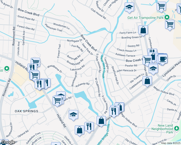map of restaurants, bars, coffee shops, grocery stores, and more near 3209 Green Lakes Circle in Virginia Beach