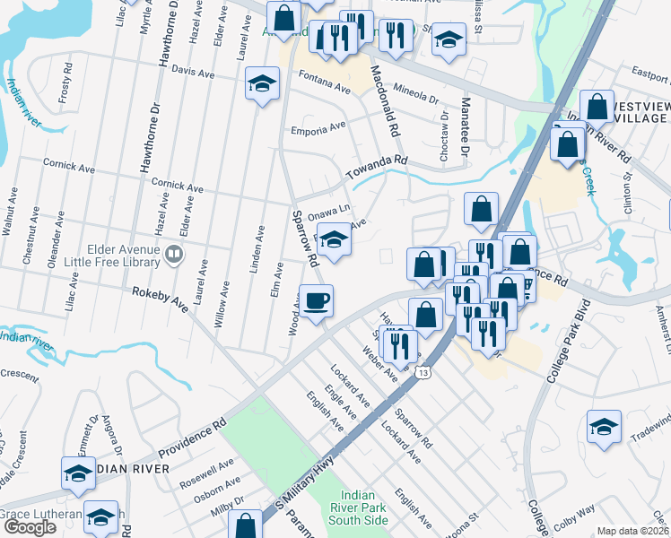 map of restaurants, bars, coffee shops, grocery stores, and more near 1605 Sparrow Road in Chesapeake