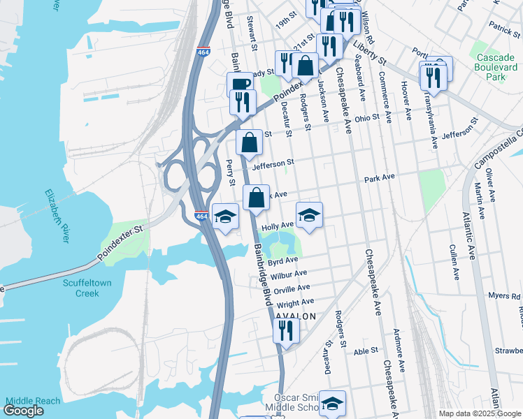 map of restaurants, bars, coffee shops, grocery stores, and more near 1412 Bainbridge Boulevard in Chesapeake