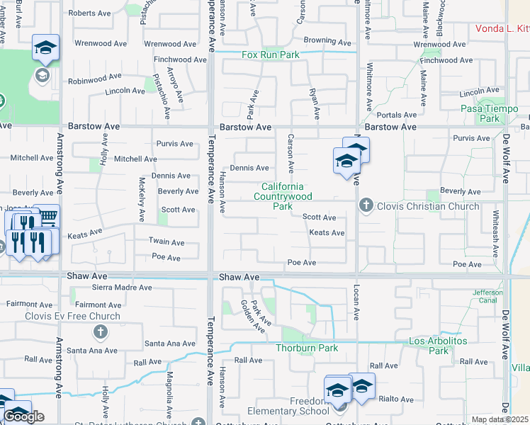 map of restaurants, bars, coffee shops, grocery stores, and more near 2733 Scott Avenue in Clovis