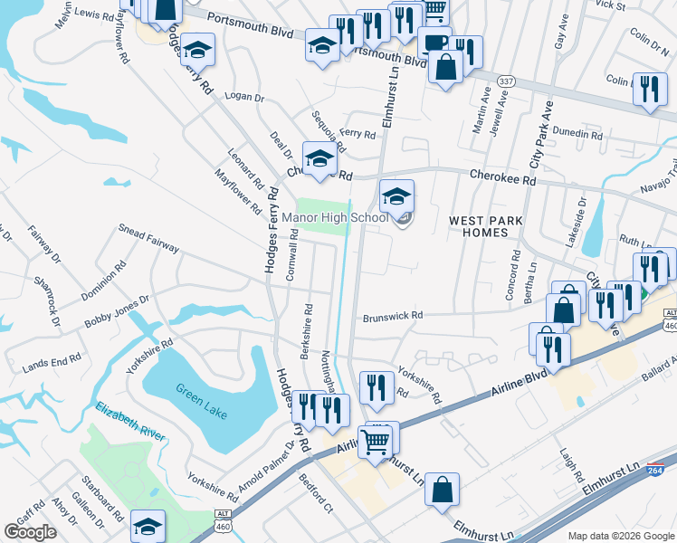 map of restaurants, bars, coffee shops, grocery stores, and more near 509 Nottingham Road in Portsmouth