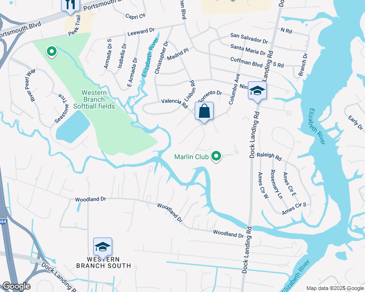 map of restaurants, bars, coffee shops, grocery stores, and more near 2005 Columbo Avenue in Chesapeake