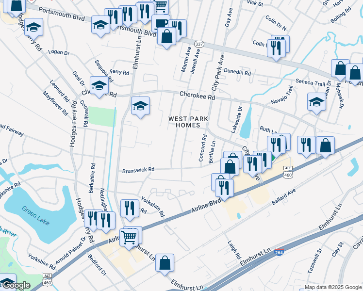 map of restaurants, bars, coffee shops, grocery stores, and more near 1212 Tatem Avenue in Portsmouth