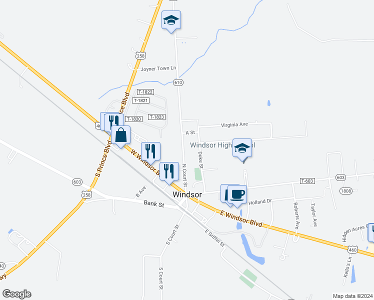 map of restaurants, bars, coffee shops, grocery stores, and more near 25 North Court Street in Windsor