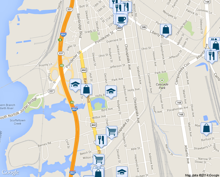 map of restaurants, bars, coffee shops, grocery stores, and more near 1429 Decatur Street in Chesapeake