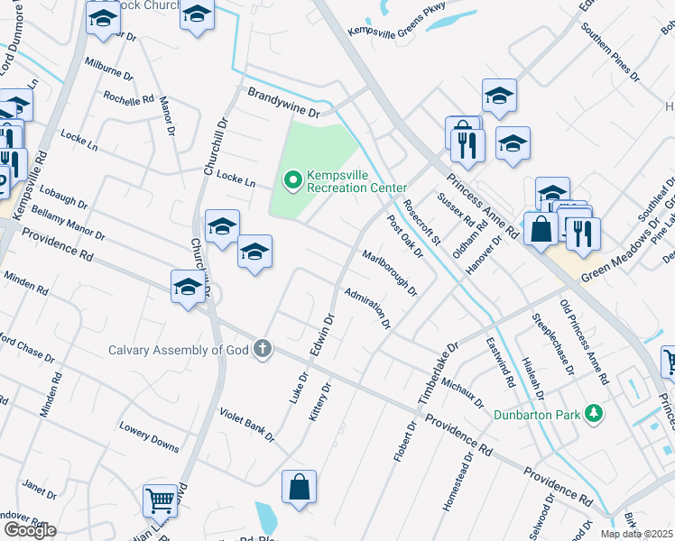 map of restaurants, bars, coffee shops, grocery stores, and more near 945 Edwin Drive in Virginia Beach