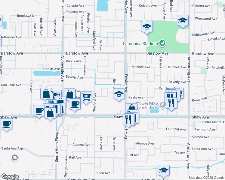 map of restaurants, bars, coffee shops, grocery stores, and more near 1635 Renn Avenue in Clovis