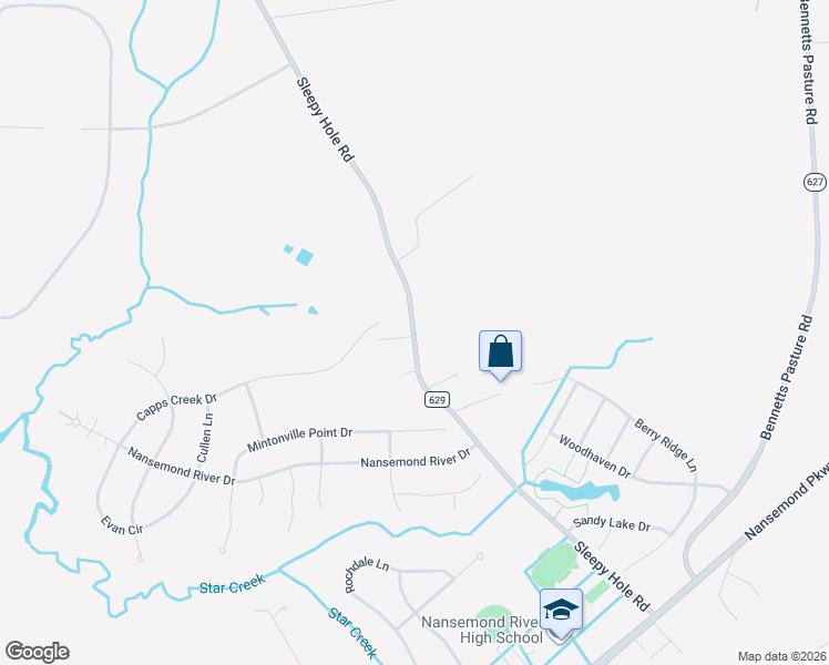 map of restaurants, bars, coffee shops, grocery stores, and more near 3518 County Road 629 in Suffolk