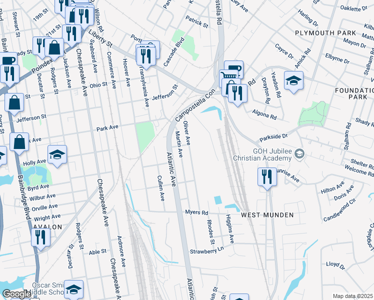 map of restaurants, bars, coffee shops, grocery stores, and more near 1447 Oliver Avenue in Chesapeake