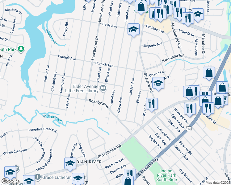 map of restaurants, bars, coffee shops, grocery stores, and more near 1514 Laurel Avenue in Chesapeake