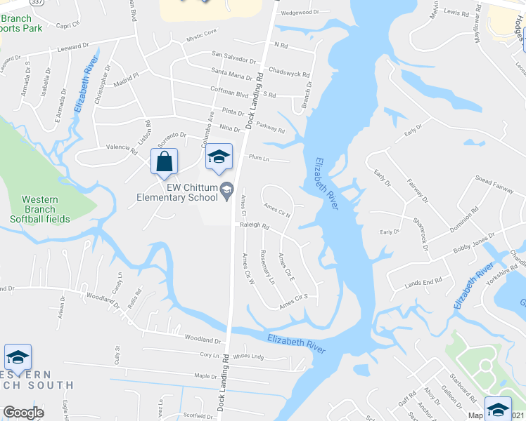 map of restaurants, bars, coffee shops, grocery stores, and more near 2105 Ames Cir N in Chesapeake