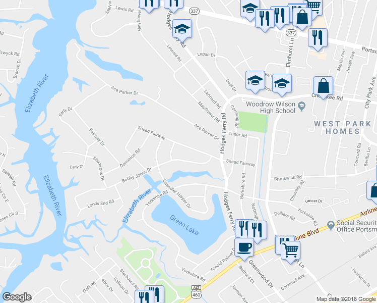 map of restaurants, bars, coffee shops, grocery stores, and more near 109 Snead Fairway in Portsmouth