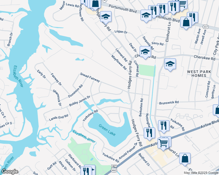 map of restaurants, bars, coffee shops, grocery stores, and more near 109 Snead Fairway in Portsmouth